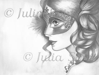 Grayscale Coloring Page, Venice Women. Venetian Mask - The Art of Julia Spiri