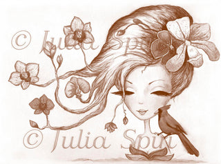 Coloring page, Fantasy Girl with flowers. Orchids - The Art of Julia Spiri