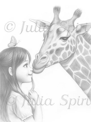 Grayscale Coloring Page. Polly and giraffe