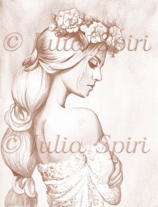 Grayscale Coloring Page, Fantasy Girl. Romantic dream - The Art of Julia Spiri