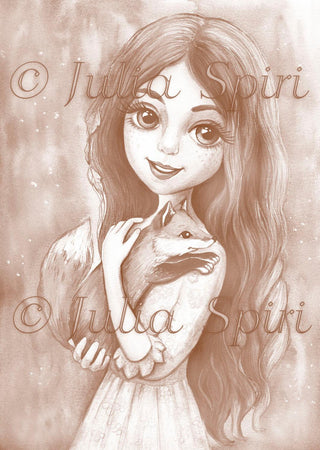Grayscale Coloring Page, Redhead Girl with Fox. Roxy and Foxy - The Art of Julia Spiri