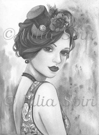 Grayscale Coloring Page, Girl with Vintage Hat, Retro. Stella - The Art of Julia Spiri