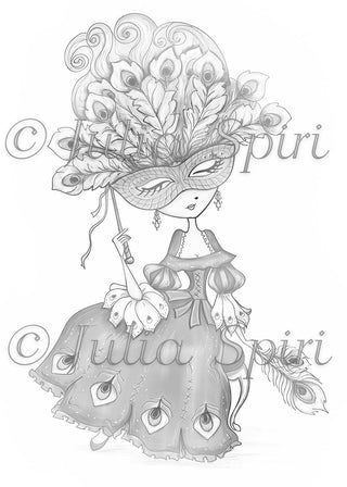 Coloring page, Venice Girl. The Mask of Peacock - The Art of Julia Spiri