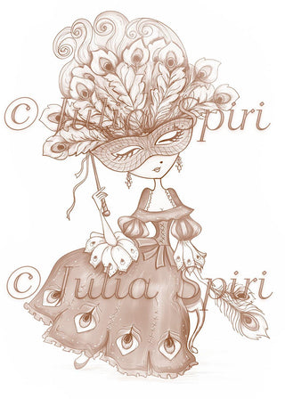 Coloring page, Venice Girl. The Mask of Peacock - The Art of Julia Spiri