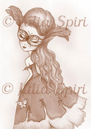 Dibujo para colorear, Chica con máscara. mariposa veneciana