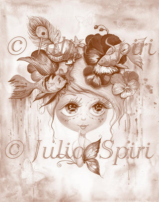 Coloriage, Fantasy Girl avec des poissons, des fleurs, des papillons. Fantaisie