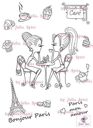 Coloring page, Bonus elements for cut, Parisian Girls. Cafe in Paris - The Art of Julia Spiri