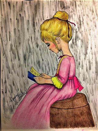 Coloring Page, Cute Girl, Read book, Reader, Female portrait, Romantic, Vintage, Crafting, Grayscale, Line art. Amelie - The Art of Julia Spiri