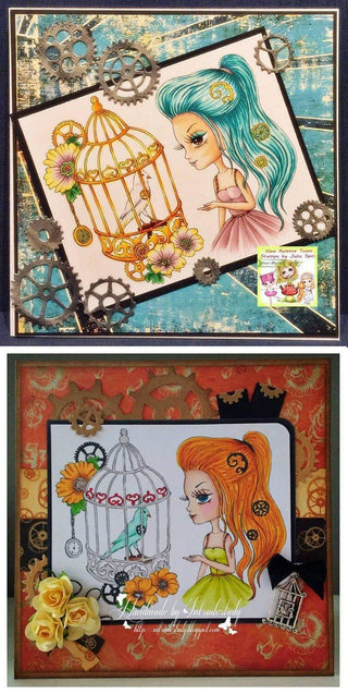 Coloring page, Steampunk Girl, Fairytale, Fantasy. Bird in a cage - The Art of Julia Spiri