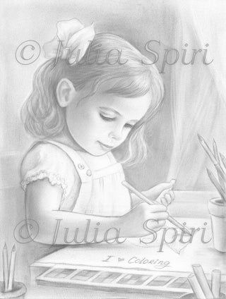 Grayscale Coloring Page, Cute Girl, Realistic Portrait. I love Coloring - The Art of Julia Spiri