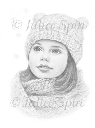 Grayscale Coloring Page, Little Cute Girl in Winter. Snowflakes - The Art of Julia Spiri