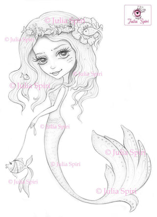 Mermaids Coloring Pages, Digital stamp, Sea, Fish, Family, Mother, Daughter, Baby, Whimsy, Crafting, cards. The Set of 3 Happy Mermaids - The Art of Julia Spiri