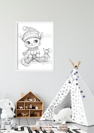 Original Drawing. Cat in winter - The Art of Julia Spiri