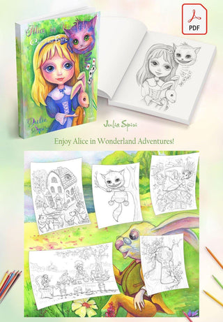 PDF Digital Coloring Book for Adults. Alice in Wonderland - The Art of Julia Spiri